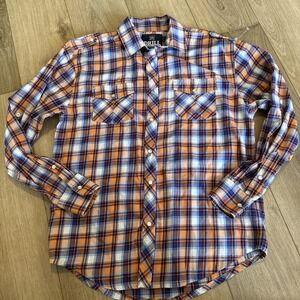 Drill Clothing Co. Men's Orange Blue Plaid Long Sleeve Pearl Snap Large Preowned